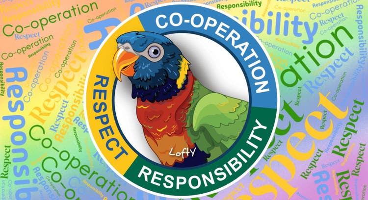 Image of Lofty Logo, rainbow lorikeet with school values.