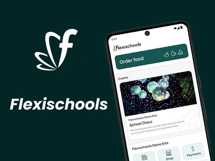 Flexischools logo with mobile phone image of ordering portal example.